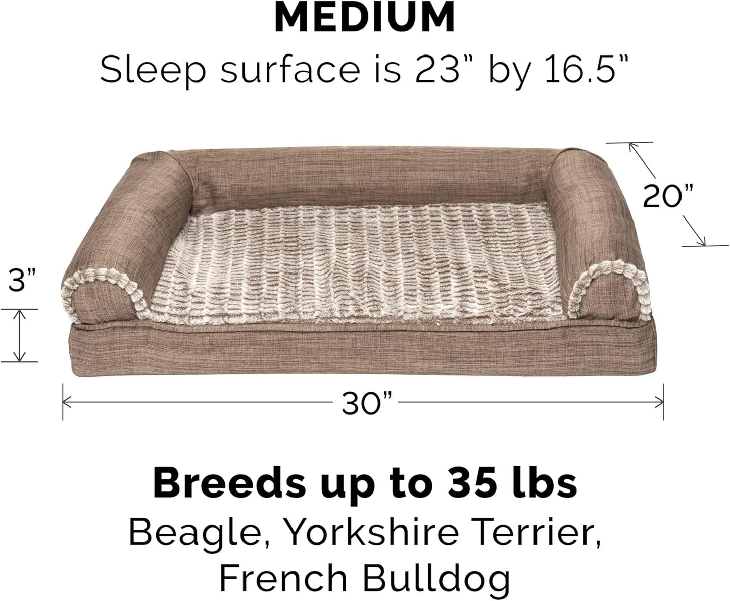 Orthopedic Dog Bed for Medium/Small Dogs W/ Removable Bolsters & Washable Cover, for Dogs up to 35 Lbs - Luxe Faux Fur & Performance Linen Sofa - Woodsmoke, Medium
