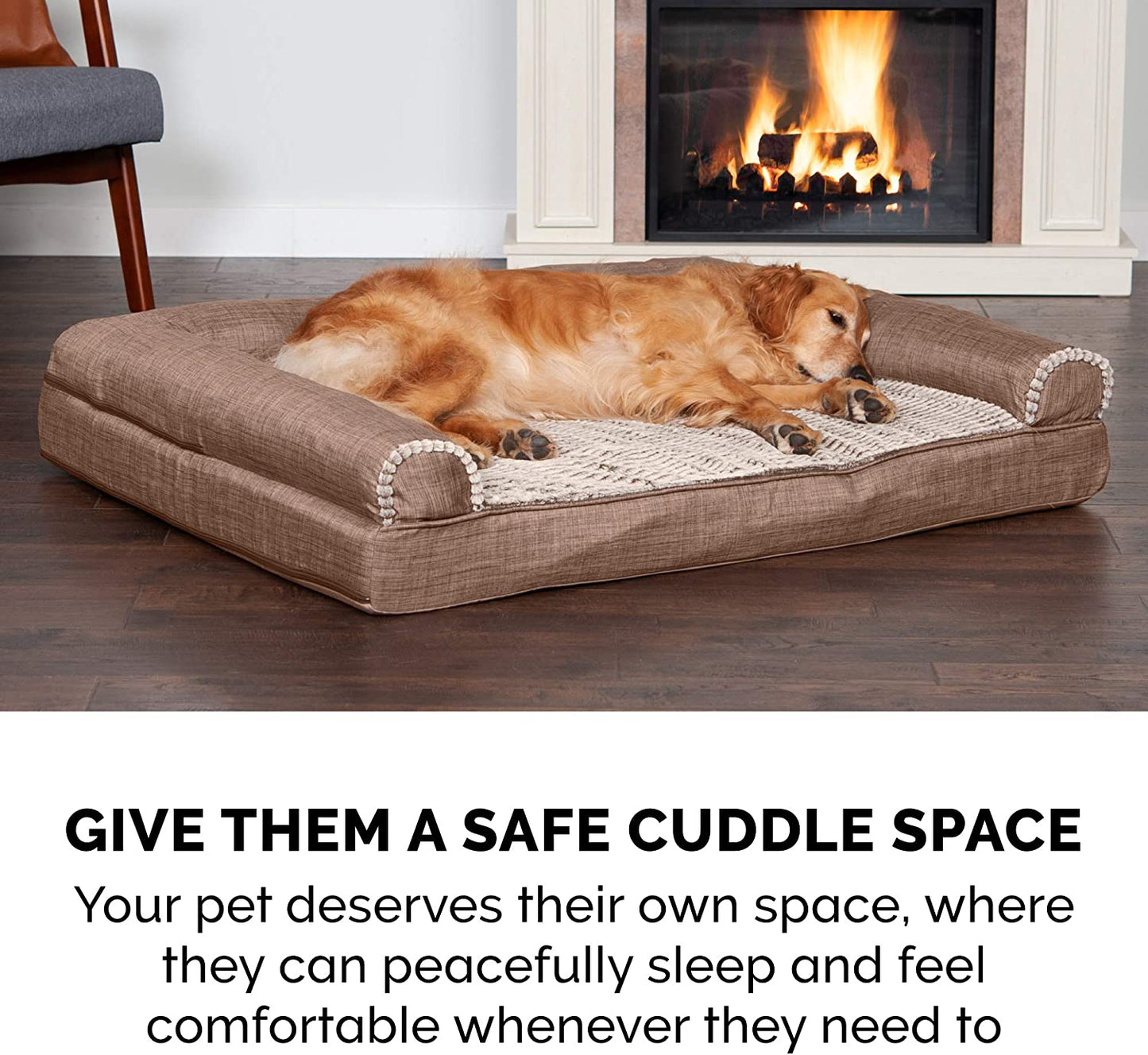 Orthopedic Dog Bed for Medium/Small Dogs W/ Removable Bolsters & Washable Cover, for Dogs up to 35 Lbs - Luxe Faux Fur & Performance Linen Sofa - Woodsmoke, Medium