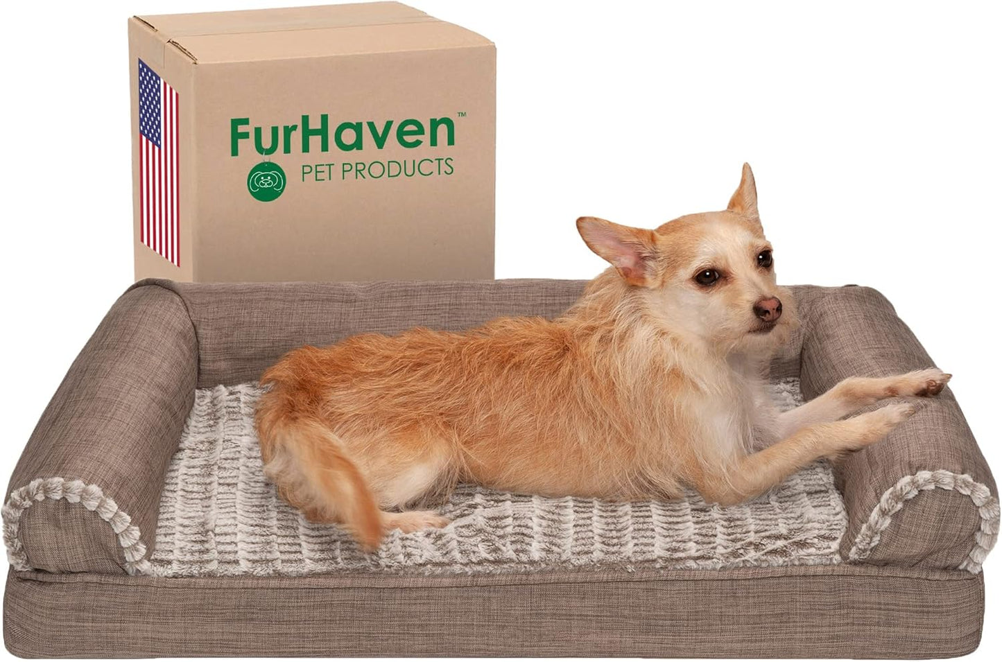 Orthopedic Dog Bed for Medium/Small Dogs W/ Removable Bolsters & Washable Cover, for Dogs up to 35 Lbs - Luxe Faux Fur & Performance Linen Sofa - Woodsmoke, Medium