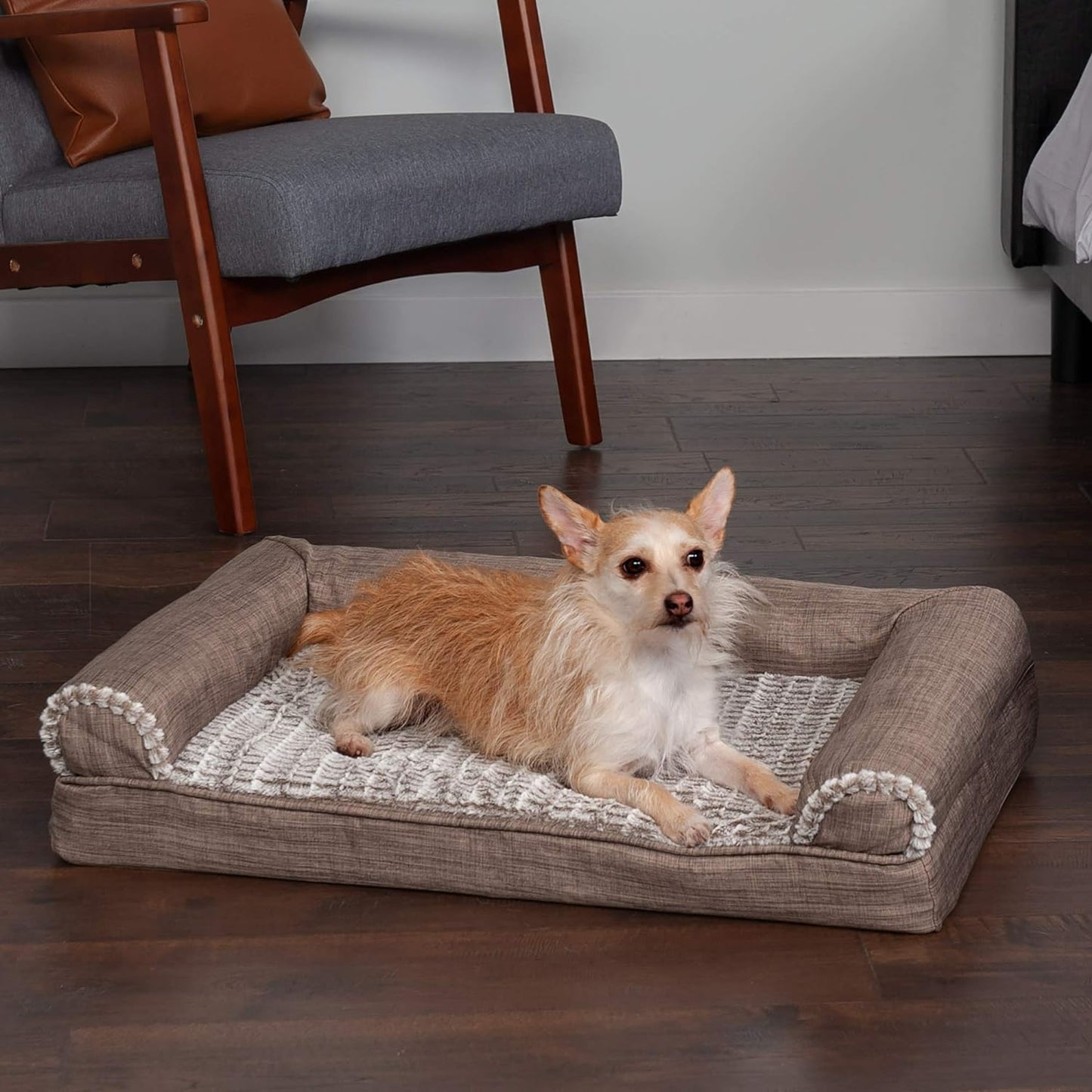 Orthopedic Dog Bed for Medium/Small Dogs W/ Removable Bolsters & Washable Cover, for Dogs up to 35 Lbs - Luxe Faux Fur & Performance Linen Sofa - Woodsmoke, Medium