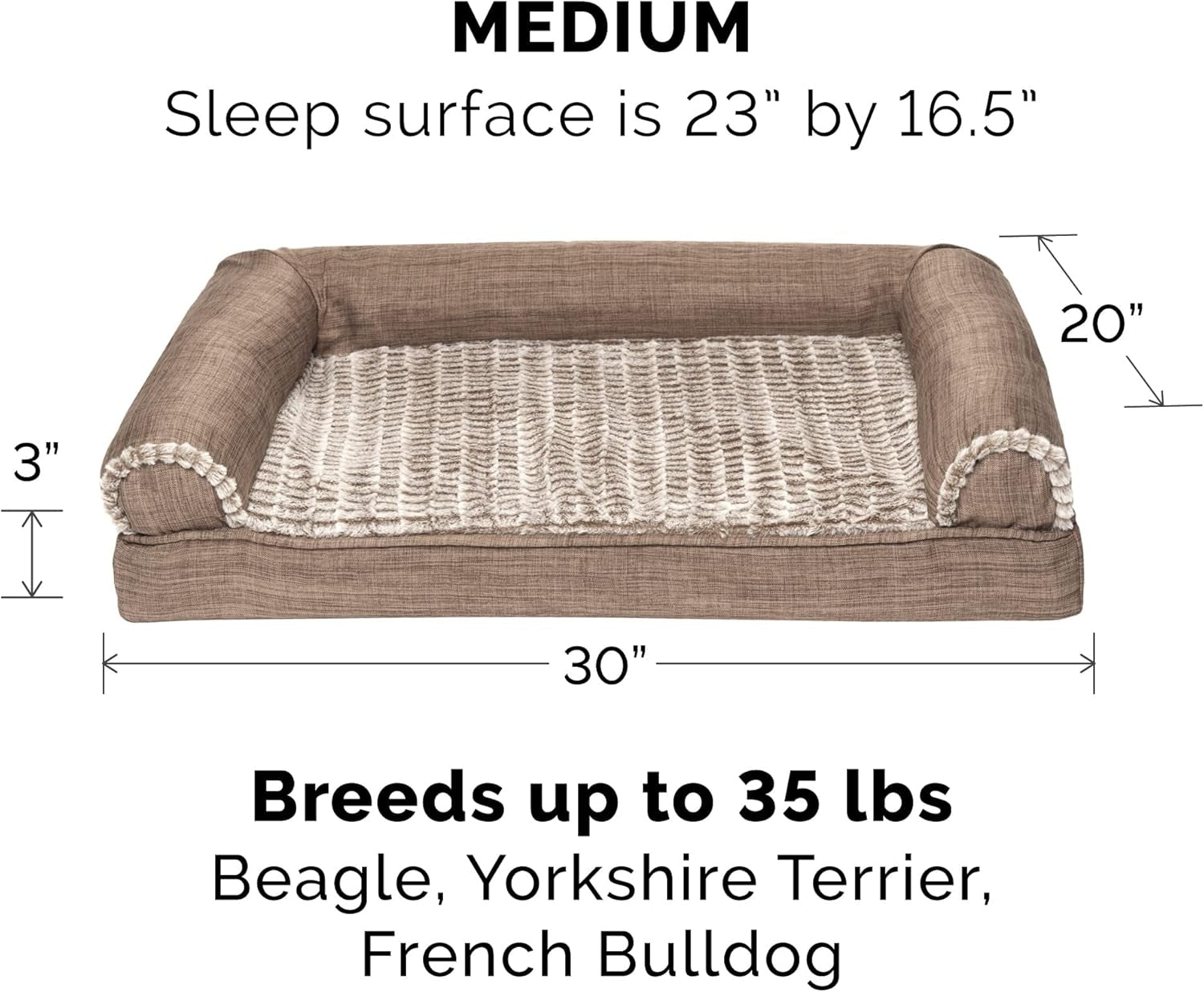 Orthopedic Dog Bed for Medium/Small Dogs W/ Removable Bolsters & Washable Cover, for Dogs up to 35 Lbs - Luxe Faux Fur & Performance Linen Sofa - Woodsmoke, Medium
