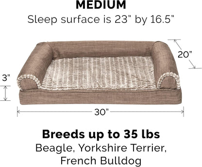 Orthopedic Dog Bed for Medium/Small Dogs W/ Removable Bolsters & Washable Cover, for Dogs up to 35 Lbs - Luxe Faux Fur & Performance Linen Sofa - Woodsmoke, Medium